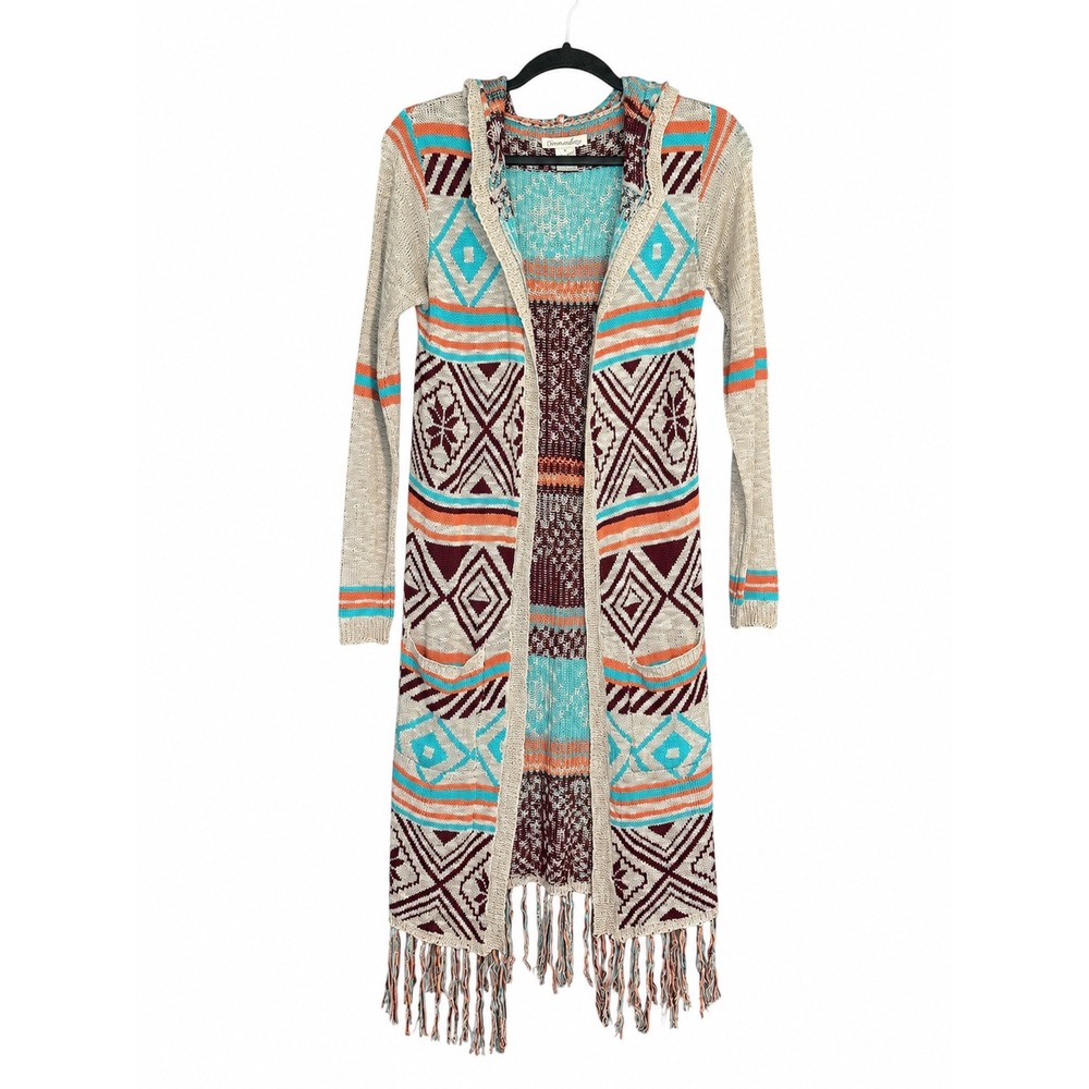 Demanding Womens M Aztec Cardigan Duster Hooded Fringe Southwestern Boho
